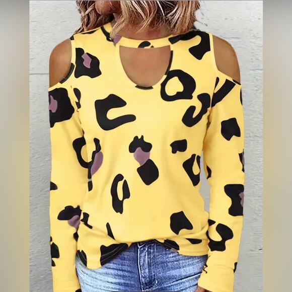 NWT SHEIN long sleeve yellow cheetah print cold shoulder top sz XL - Picture 1 of 7